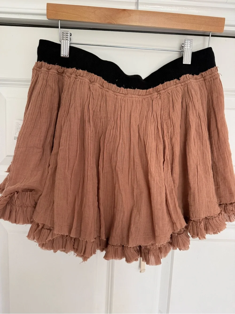 Free People Rust Brown Ruffle Mini Skirt with Black Waistband. NWT